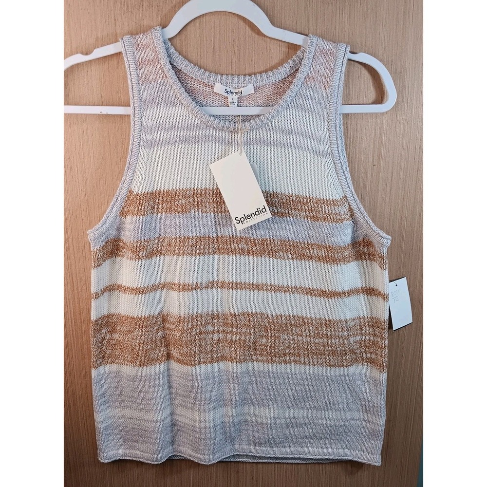 Splendid Cassie Sz L Ladies Sweater Vest Pale Purple Beige Twilight Stripe Light